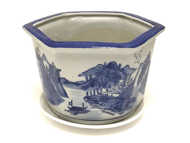 Blue on White Ceramic Flower Pot w. Tray (Hex - Landscape)