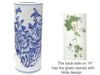 Birds & Butterfly Floral Cylinder Vase / Umbrella Holder with back side design. There are green leaves with birds.