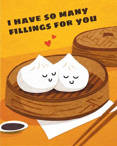 card with dumpling in a steamer basket