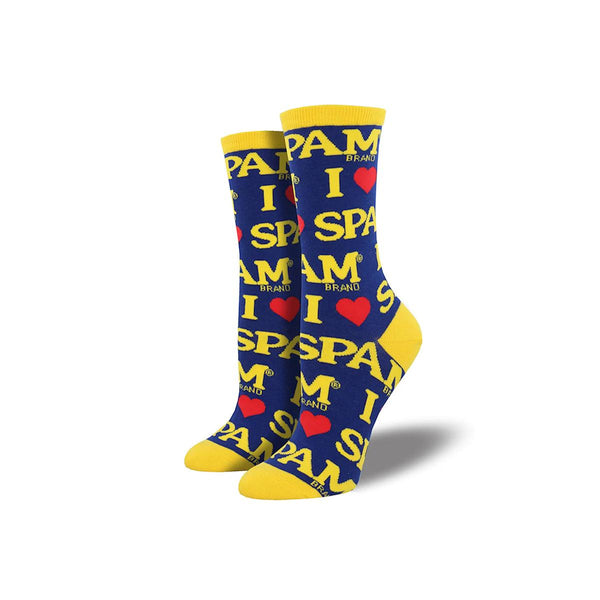Women's Socks with I (Red Heart) Spam repeated over a blue background and yellow accents and text