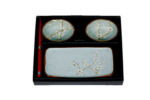 Spring blossom sushi set for two- light blue. Comes with a pair of chopsticks. All in the container