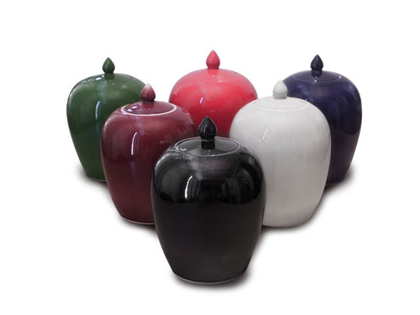 6 Melon shaped ceramic jar. Black, white, red, white, green, maroon and violet colored