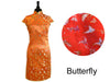 Silk Rayon Brocade Mandarin Dress Ankle Length - Orange dress with butterfly pattern. A red dress color palette is shown next to the dress.