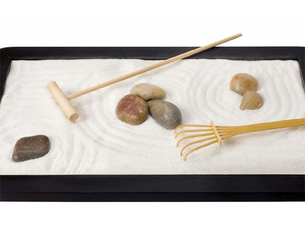 Zen Garden rake, tray with sand and smooth rocks