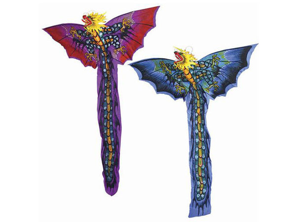Two exotic creature kites. The one on the left is purple, the one on the right is blue