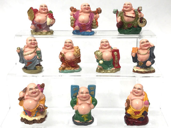 Ten colorful laughing Buddha statues, each having a different pose