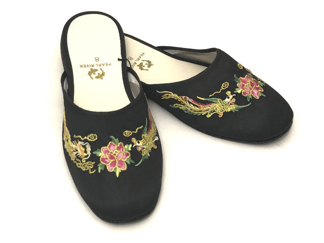 Satin Slippers with Dragon and Phoenix Embroidery