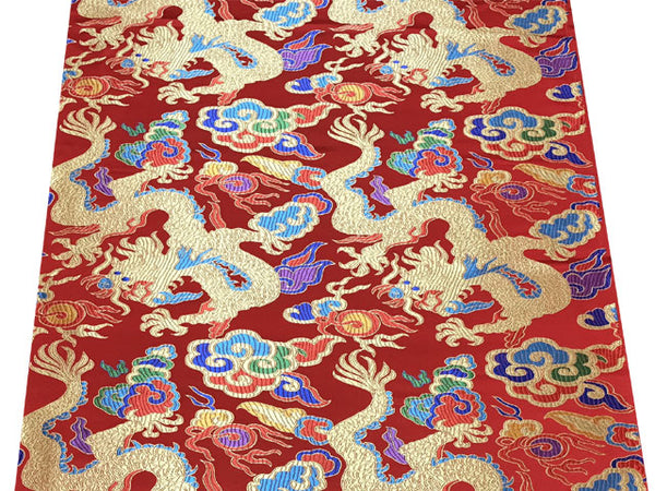Golden Dragon on Colorful Cloud Brocade Fabric - Red