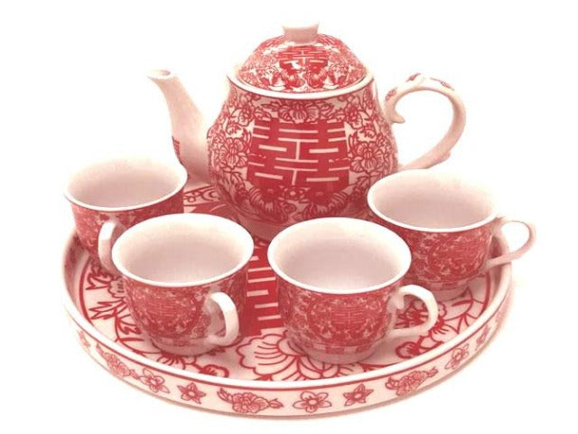 Double Happiness Design Ceramic Tea Set w. Tray
