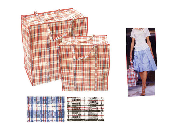 Two red plaid design nylon shopping bag. Under them are two folded bags, one black and blue. Then a woman is shown walking with the red shopping bag