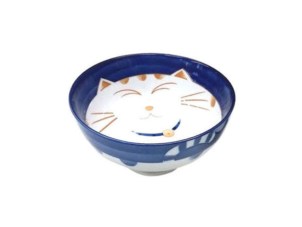 A cute blue rice bowl with a chubby lucky cat 
