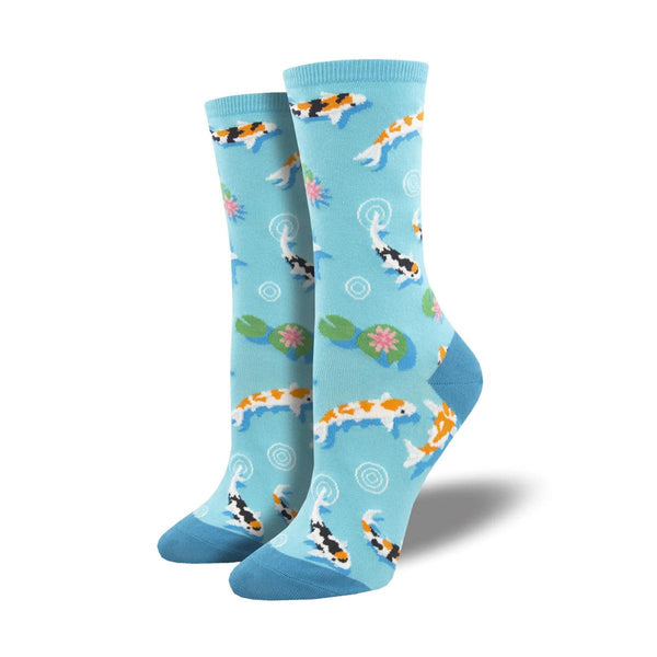 Teal blue socks with a koi pond pattern, koi fish and lily pads and water splashes are on the sock