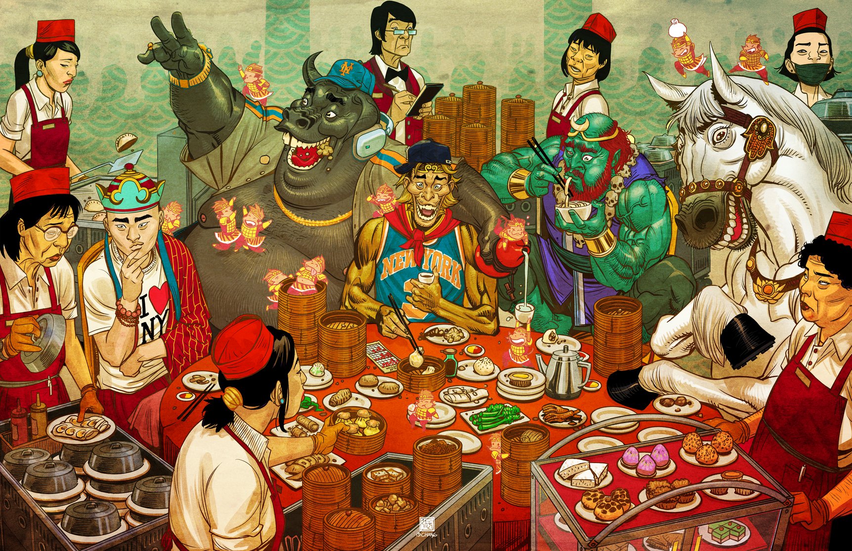 Six of the Monkey King exhibition artists in gallery